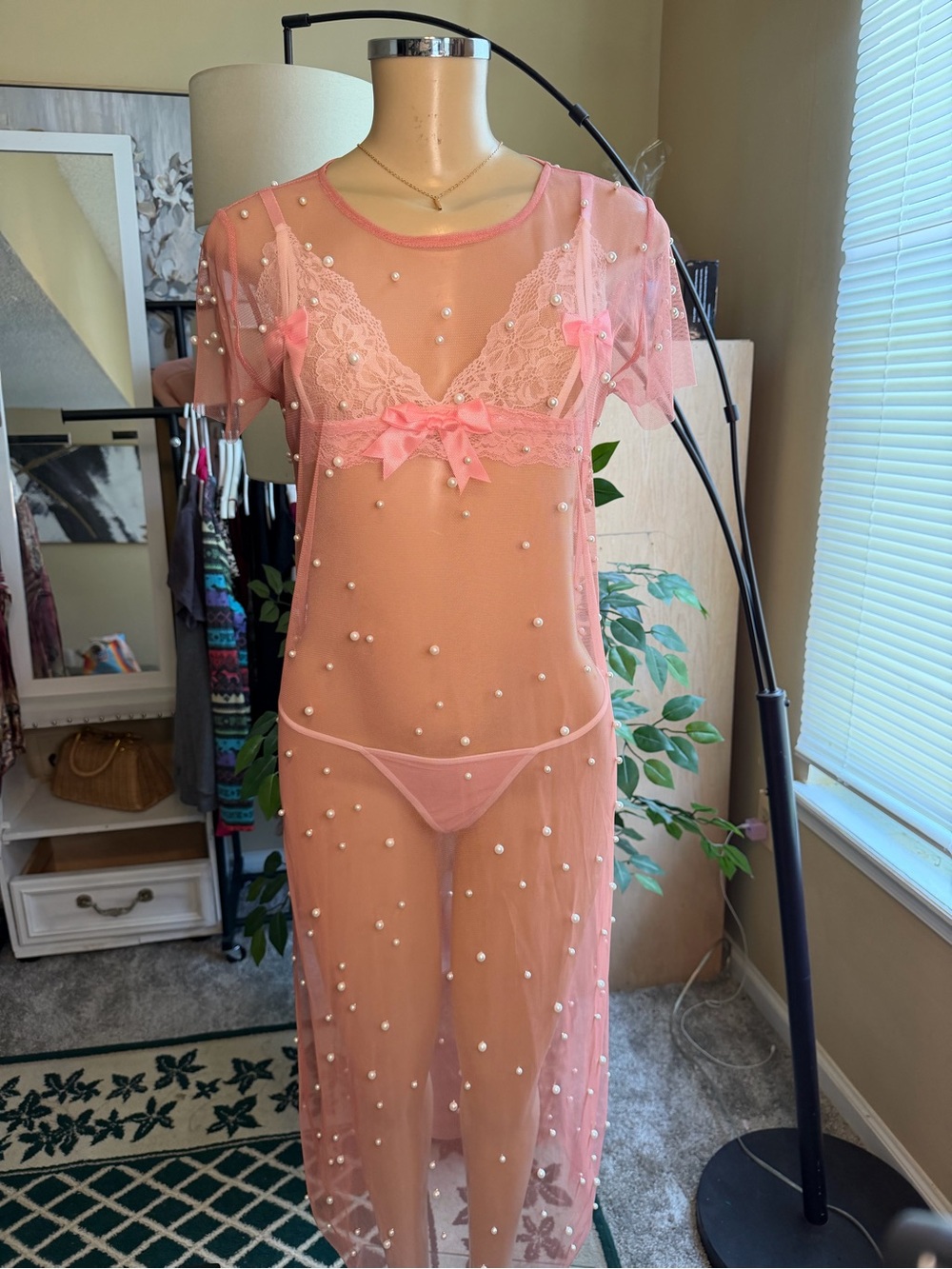 Pink Pearl Sheer Mesh Lingerie Maxi Dress Overlay Set - Size S